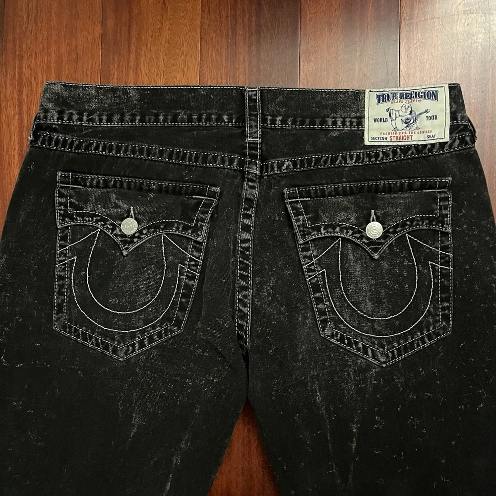 True Religion Jeans Men 40 Black Ricky Flap World Tour Straight Baggy 42x29 Y2k
